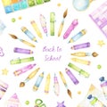 School themed set of colorful watercolor pens, pencils, markers and brushers in a circle, round design, square template, feminine