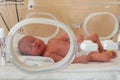 Premature newborn baby in the hospital incubator. Neonatal intensive care unit