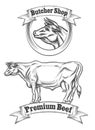 Premium beef meat vector label, butcher emblems or