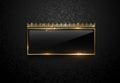 Premium black label with golden frame sparks and crown on black floral pattern background. Dark vip template. Vector illustration. Royalty Free Stock Photo