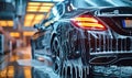 Premium black sedan car undergoing a deep clean with high-foam soap at a car wash station, showcasing a meticulous auto detailing Royalty Free Stock Photo