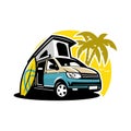 Premium Camper van caravan surfing in the beach vector illustration Royalty Free Stock Photo