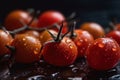 Premium Close up shot of cherry tomatoes, drops of water. Vegetable themed, healthy food concept Royalty Free Stock Photo