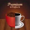 premium coffee lettering with grains and beverages in cups