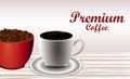 premium coffee lettering with grains and drink in cups