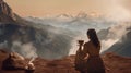 premium coffee, mountains background, detail, with girl without back Royalty Free Stock Photo