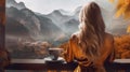 premium coffee, mountains background, detail, with girl without back Royalty Free Stock Photo