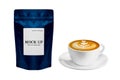 Premium Coffee Packaging Mock up Blue Bag and a cup of coffee latte art Royalty Free Stock Photo