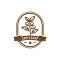 Premium coffee shop bar logo, hand drawn coffee bean and leaf branch natural line stamp logo vector icon design in vintage hipster