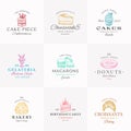 Premium Confectionary Abstract Signs, Symbols or Logo Templates Collection. Hand Drawn Ice Cream, Donut and Cakes with