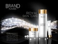 Premium cosmetic ads. Face care royal pearl extract white luxury bottle and cream on abstract shiny ivory wave design element with