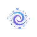 A premium 2D digital illustration featuring a dynamic abstract swirl of big data and digital technology icons on a pure white back Royalty Free Stock Photo