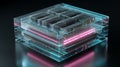 Neural Network Layers: Isometric 3D Transformer Block Module with Glowing Golden Core and Cyan Data Links. Royalty Free Stock Photo