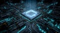 Active Processor Data Emission from Quantum Microchip Core on High-Tech Motherboard PCB with Glowing Circuitry. Royalty Free Stock Photo