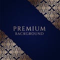 Premium dark blue background with ornamental golden corners and centered space for text. Vector