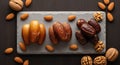 Premium Dates and Nuts Arrangement on Dark Slate for Iftar Royalty Free Stock Photo