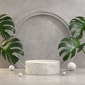 Premium Empty Minimal Mockup Podium Display, Tropics Monstera Leaf, Concrete Abstract Background 3d Render