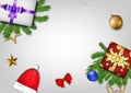 Premium festival celebration, gift box, gold star, pine leaf, ball, santa hat, top view, white background, merry christmas, happy