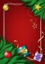 Premium festival celebration, merry christmas, happy new year, red background, frame poster, green pine leaf decoration, Isolated