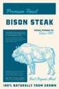 Premium Finest Bison Steak. Abstract Vector Meat Packaging Product Label Design. Retro Typography and Hand Drawn Buffalo