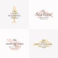 Premium Fish and Seafood Abstract Vector Signs, Symbols or Logo Templates Set. Elegant Hand Drawn Shrimp, Sea Bass