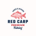 Premium Fishing Abstract Vector Sign, Symbol or Logo Template. Hand Drawn Red Carp Fish with Classy Retro Typography Royalty Free Stock Photo