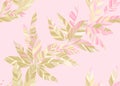 Premium floral pattern with bush leaves tree foliage in pink gold colors. Silk fabric print.