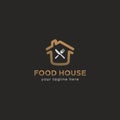 Premium food house logo with house home, fork and knife symbol in gold elegant premium style color