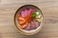 Fresh raw seafood mixed rice bowl Kaisen-don/ Japanese tasty food, Japanese Rice with sashimi of tuna, Maguro, Otoro, Royalty Free Stock Photo