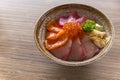 Premium fresh raw seafood rice bowl Kaisen-don/ Japanese tasty food, Japanese Rice with sashimi of tuna, Maguro, Otoro, Royalty Free Stock Photo