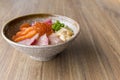 Fresh raw seafood mixed rice bowl Kaisen-don/ Japanese tasty food, Japanese Rice with sashimi of tuna, Maguro, Otoro, Royalty Free Stock Photo