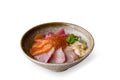 Premium fresh raw seafood mixed rice bowl Kaisen-don/ Japanese tasty food, Japanese Rice with sashimi of tuna, Maguro, Otoro, Royalty Free Stock Photo