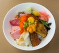 Premium fresh raw-seafood on rice (Kaisen Don). Royalty Free Stock Photo