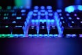 Premium Gaming RGB LED Backlit Keyboard. Mostly Blue And Purple. Front View