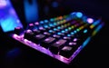 Premium Gaming RGB LED Backlit Keyboard. Mostly Purple And Blue. Side View
