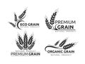 Premium grain flat vector logotype in black silhouette designs set. Organic cereal crops, natural product advertising