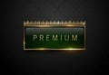 Premium green label with golden frame sparks and crown on black geometric pattern background. Dark luxury logo template. Vector Royalty Free Stock Photo