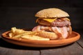 Premium grilled beef hamburger with bacon, cheese and French fries. Delicious American burger on wooden background.