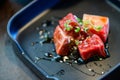 Premium Japanese wagyu diced beef cubes sliced on plate