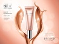 Premium liquid foundation ads. Cosmetic tube with liquid creamy texture on glitter bokeh background. Elegant