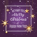 Premium luxury Merry Christmas holiday greeting card. Golden decoration ornament with Christmas star on vip purple Royalty Free Stock Photo