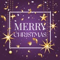 Premium luxury Merry Christmas holiday greeting card. Golden decoration ornament with Christmas star on vip purple Royalty Free Stock Photo