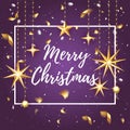 Premium luxury Merry Christmas holiday greeting card. Golden decoration ornament with Christmas star on vip purple Royalty Free Stock Photo