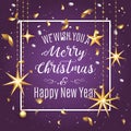 Premium luxury Merry Christmas holiday greeting card. Golden decoration ornament with Christmas star on vip purple Royalty Free Stock Photo