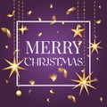 Premium luxury Merry Christmas holiday greeting card. Golden decoration ornament with Christmas star on vip purple Royalty Free Stock Photo