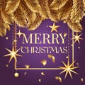 Premium luxury Merry Christmas holiday greeting card. Golden decoration ornament with Christmas star on vip purple Royalty Free Stock Photo