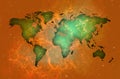 Premium Map of the world over orange background of stars. Royalty Free Stock Photo