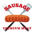 Premium meat label. Pork, ham, barbecue fork, spatula. Flat style