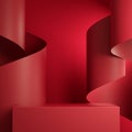 Premium Minimal Podium Red Retangle Box Stage With Red Paper Ribbon Curve Abstract Background Scene 3d Render