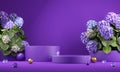 Premium Mockup Purple Display Podium, Bouquet Flora Background 3D Rendering